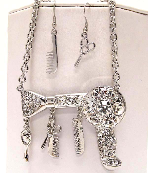 Beauty shop theme dryer brush comb mirror dangle large scissors link necklace earring set