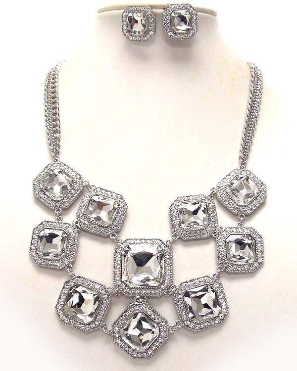 Luxury austirian crystal deco square facet glass stone party necklace earring set