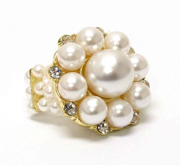 Crystal and pearl flower three line pearl stretch ring