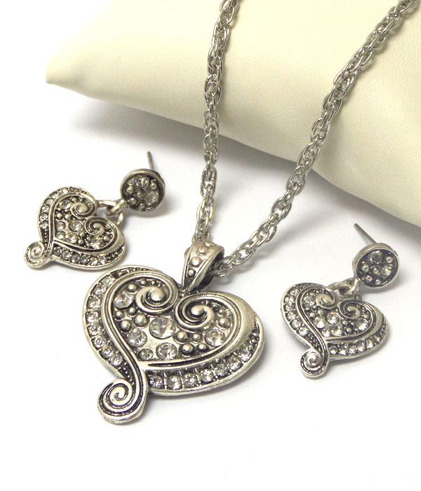 Crystal stud textured heart necklace earring set