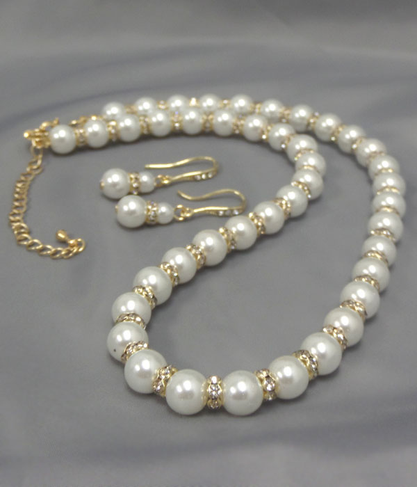 Crystal rondelle and pearl link necklace earring set