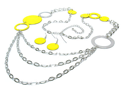 Acryl disk and metal chain link long necklace and earring set