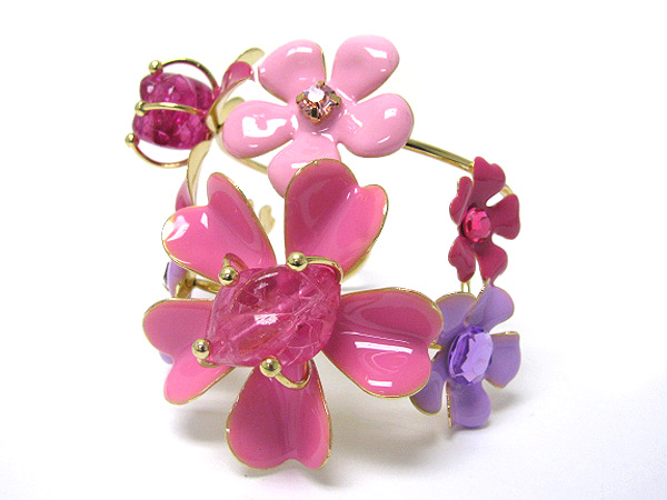 Crystal and enamel metal multi flower deco bangle