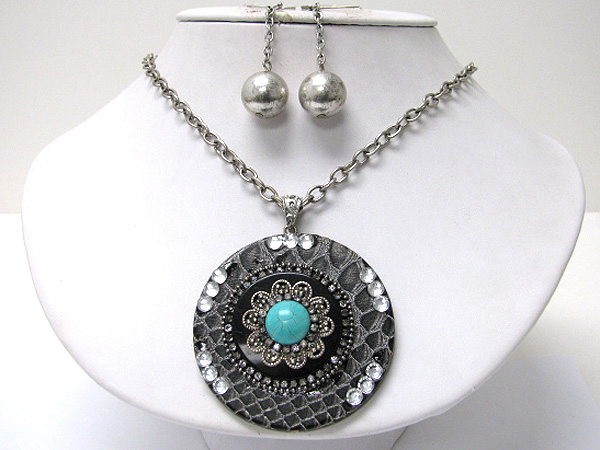 Natural stone and crystal deco snake skin round medallion necklace earring set