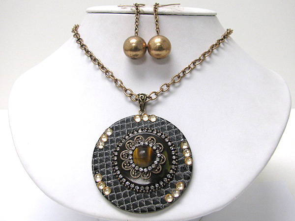 Natural stone and crystal deco snake skin round medallion necklace earring set