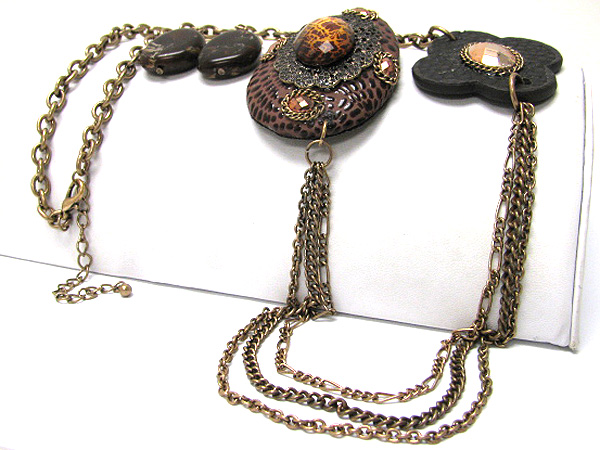 Stone and metal deco disk and metal chain link necklace earring set