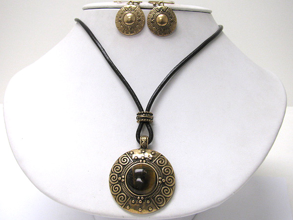 Natural stone and antique metal round medallion neckalce earring set