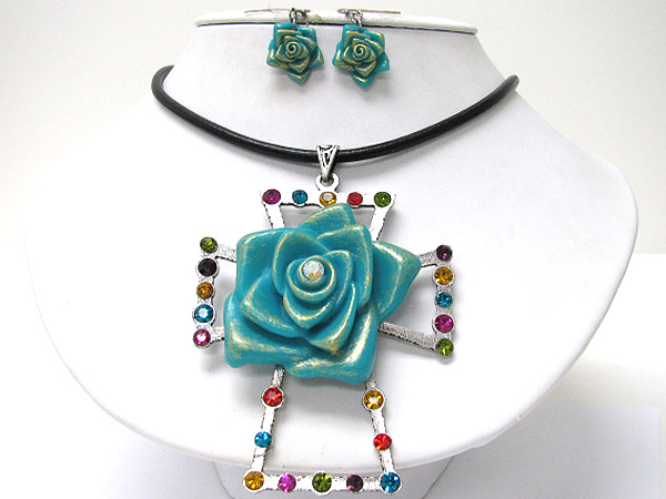 Patina flower and crystal stud cross necklace earring set