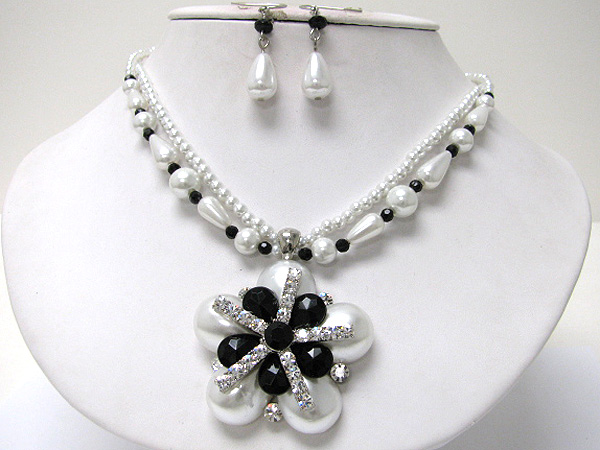 Crystal and pearl beads flower medallion necklace earring set