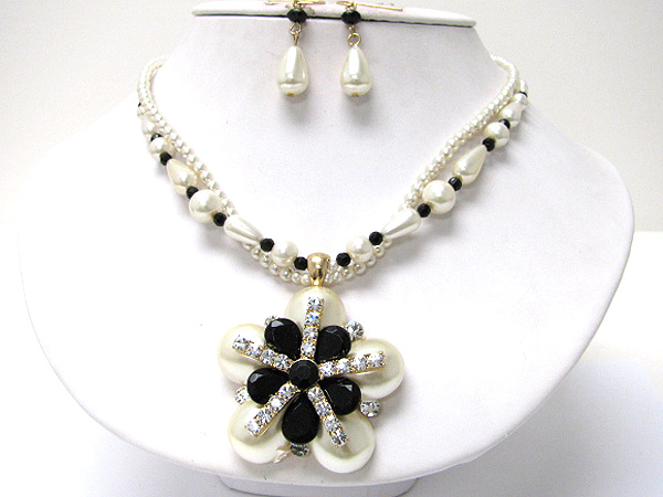 Crystal and pearl beads flower medallion necklace earring set