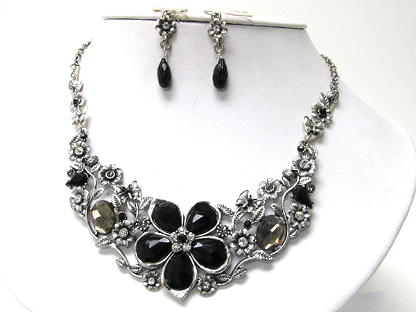 Facet glass stone and crystal flower deco metal link necklace earring set