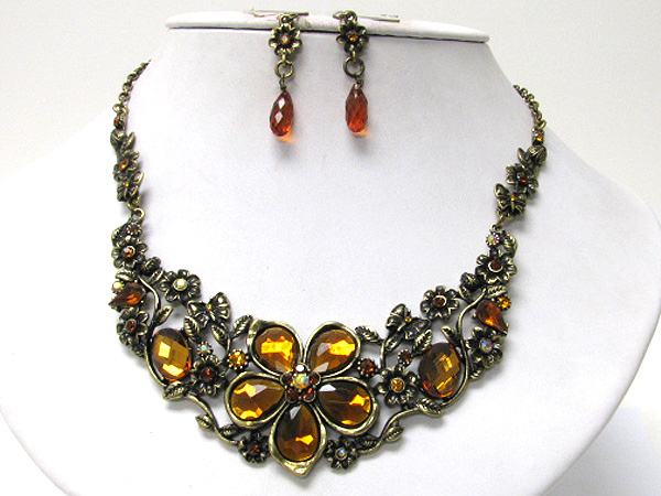 Facet glass stone and crystal flower deco metal link necklace earring set