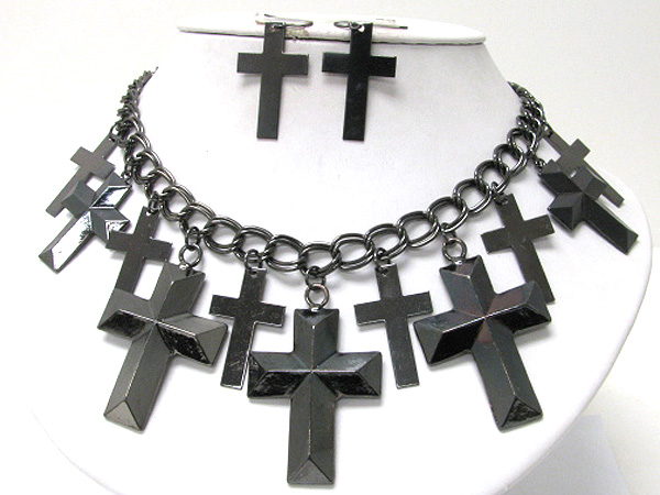 Multi metal cross drop chain necklace earring set