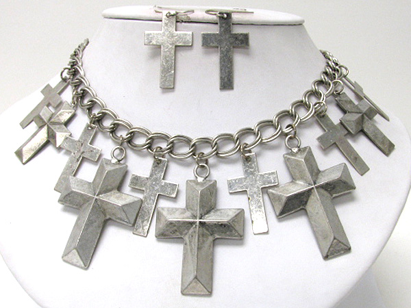 Multi metal cross drop chain necklace earring set