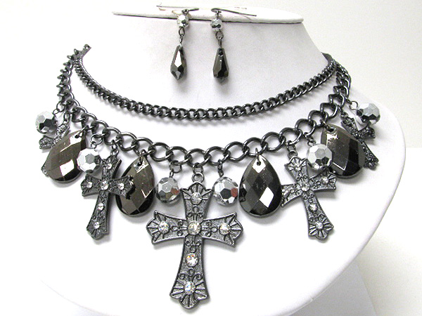 Multi crystal stud cross drop double chain necklace earring set