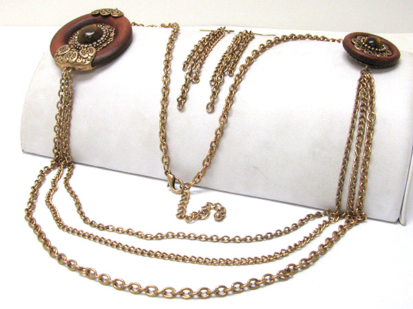 Triple metal chain and wood disk accent long necklace earring set