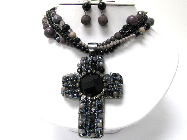 Boutique style natural stone and beads art deco triple beads strand cross necklace earring set