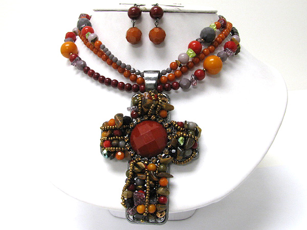 Boutique style natural stone and beads art deco triple beads strand cross necklace earring set