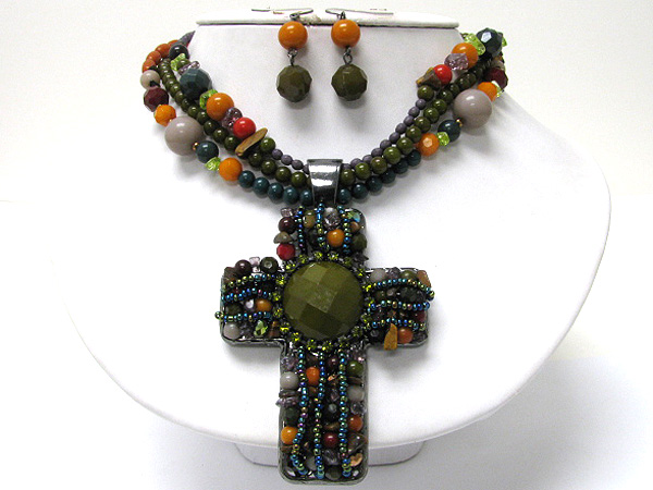 Boutique style natural stone and beads art deco triple beads strand cross necklace earring set