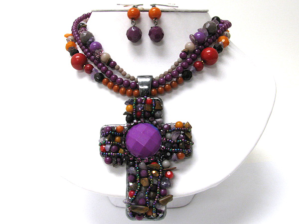 Boutique style natural stone and beads art deco triple beads strand cross necklace earring set