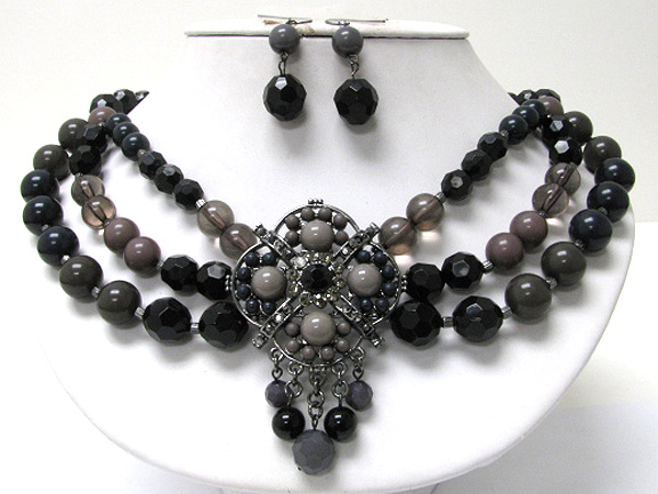 Boutique style stone and beads art deco triple beads strand necklace earring set