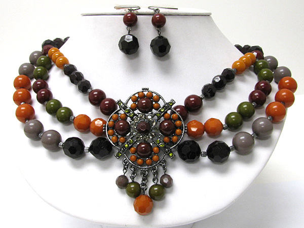 Boutique style stone and beads art deco triple beads strand necklace earring set