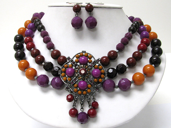 Boutique style stone and beads art deco triple beads strand necklace earring set