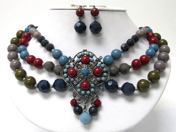 Boutique style stone and beads art deco triple beads strand necklace earring set