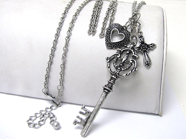 Burnish metal key heart cross pendant dangle long necklace