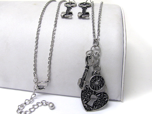 Burnish metal key and lock and clock pendant dangle long necklace