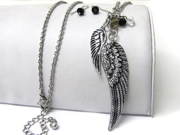 Burnish metal angel wings dangle long necklace