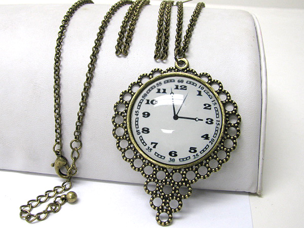 Burnish metal antique clock pendant long necklace