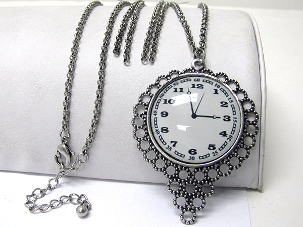 Burnish metal antique clock pendant long necklace