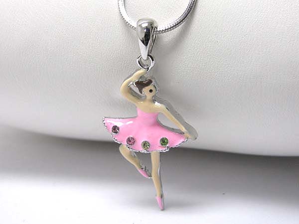 Made in korea whitegold plating crystal and metal epoxy ballerina  pendant necklace