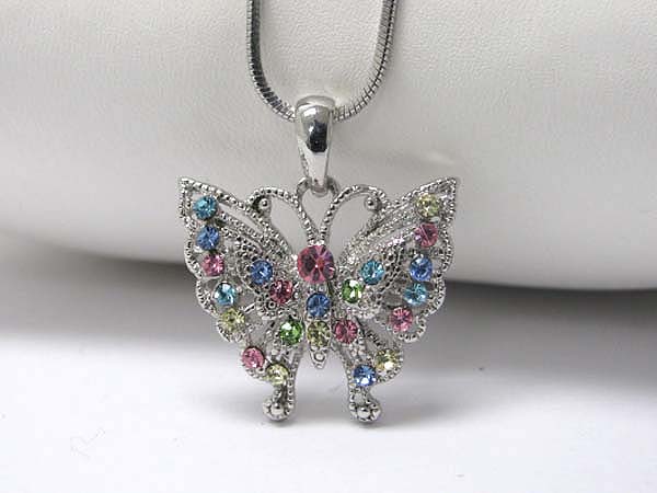 Made in korea whitegold plating crystal stud butterfly pendant necklace