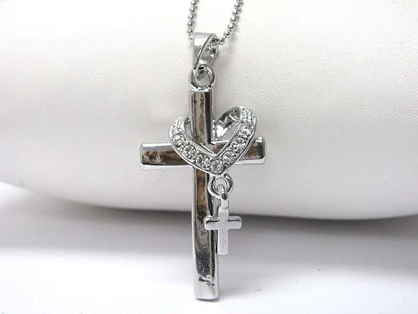 Made in korea whitegold plating crystal stud heart and cross necklace