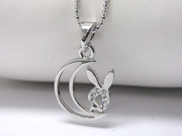 Made in korea whitegold plating crystal stud bunny on moon pendant necklace