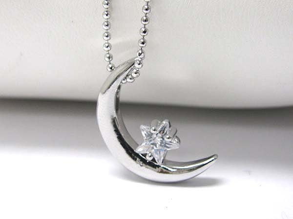 Made in korea whitegold plating crystal stud star on moon pendant necklace