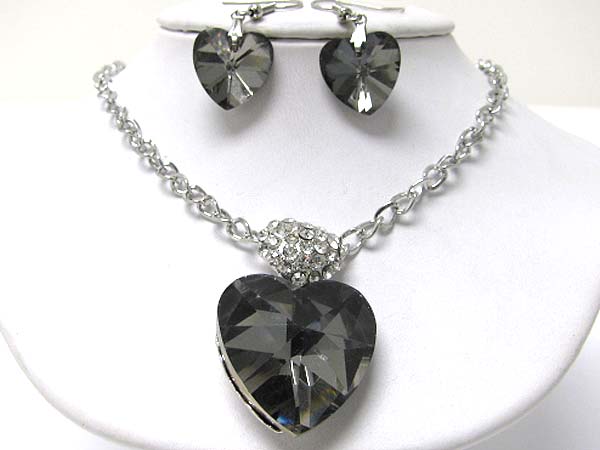 Large glass heart and crystal deco necklace earring set -valentine