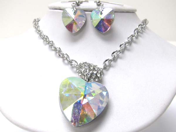 Large glass heart and crystal deco necklace earring set -valentine