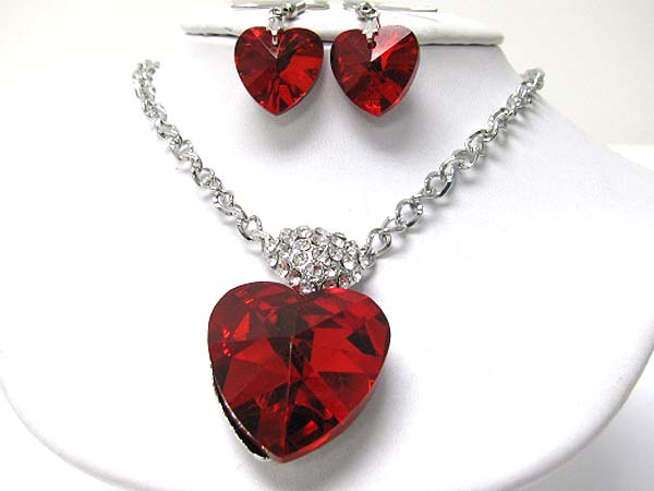 Large glass heart and crystal deco necklace earring set -valentine