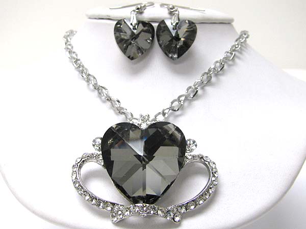 Large glass heart and crystal deco necklace earring set -valentine