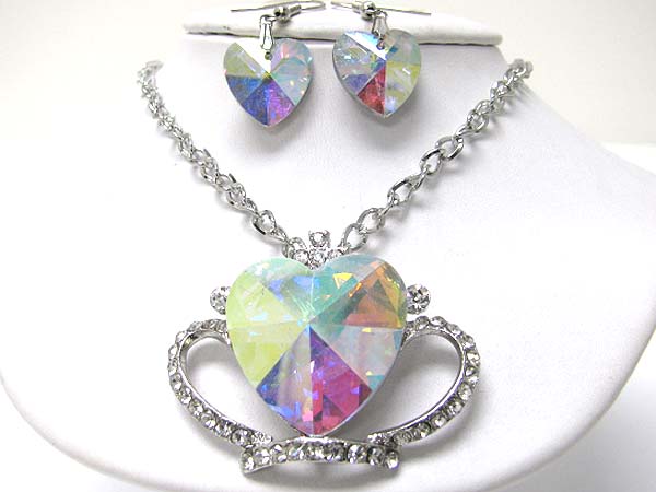 Large glass heart and crystal deco necklace earring set -valentine