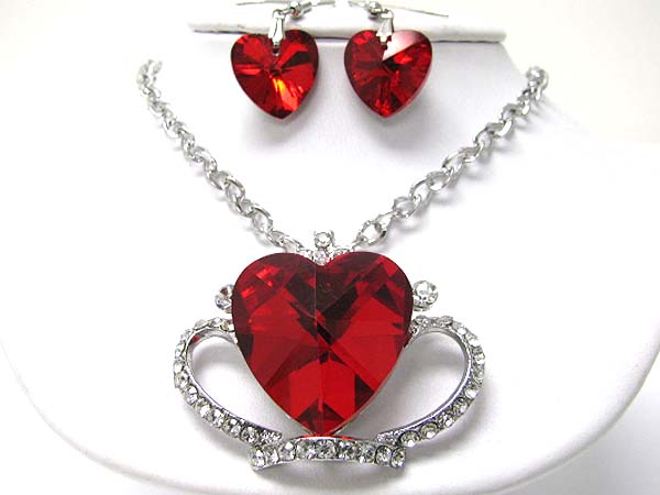 Large glass heart and crystal deco necklace earring set -valentine