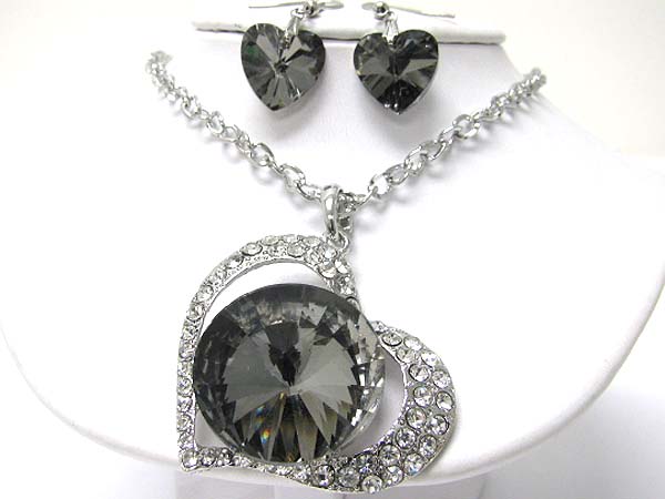 Large round glass and crystal heart necklace earring set -valentine