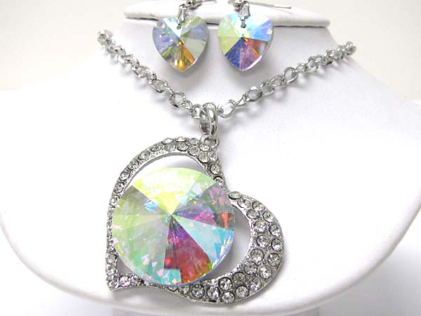 Large round glass and crystal heart necklace earring set -valentine