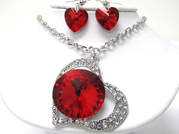 Large round glass and crystal heart necklace earring set -valentine