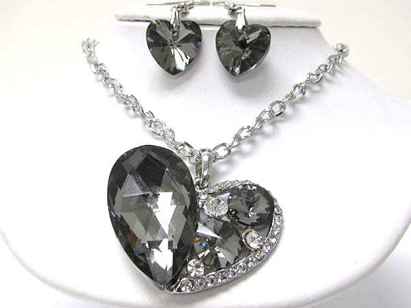 Large glass and crystal mix heart necklace earring set -valentine