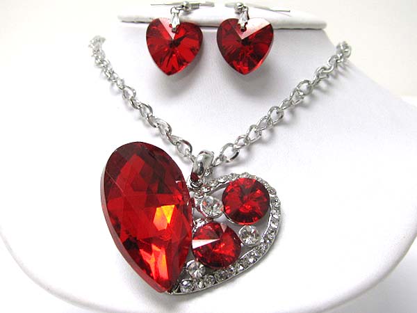 Large glass and crystal mix heart necklace earring set -valentine