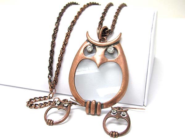 Crystal eyed and glass body filled owl pendant long necklace earring set